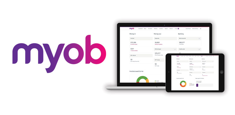 myob logo and myob interface mockups on various devices