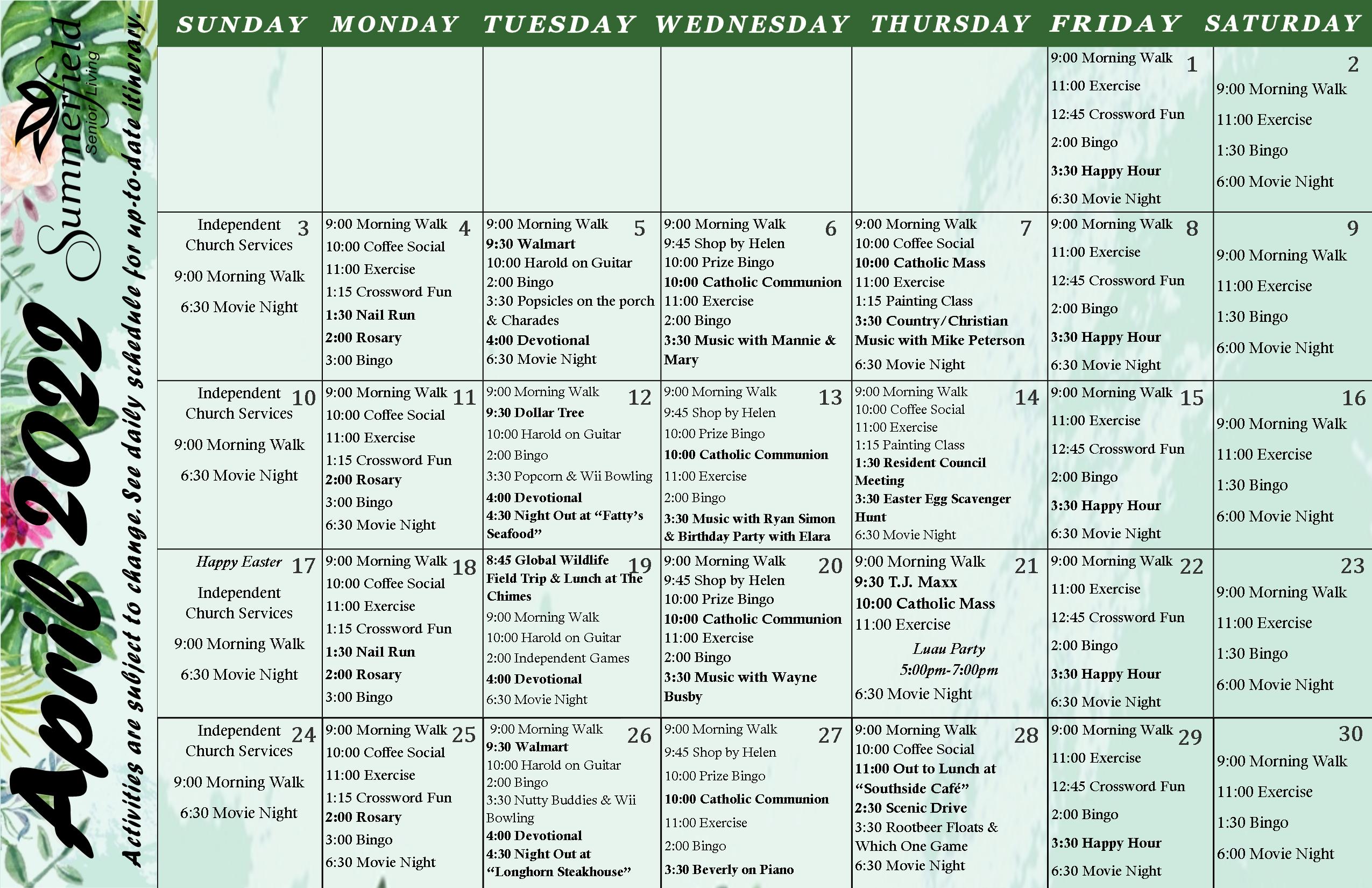Summerfield Blog | Summerfield of Slidell Senior Living Calendar of  Activities - April 2022