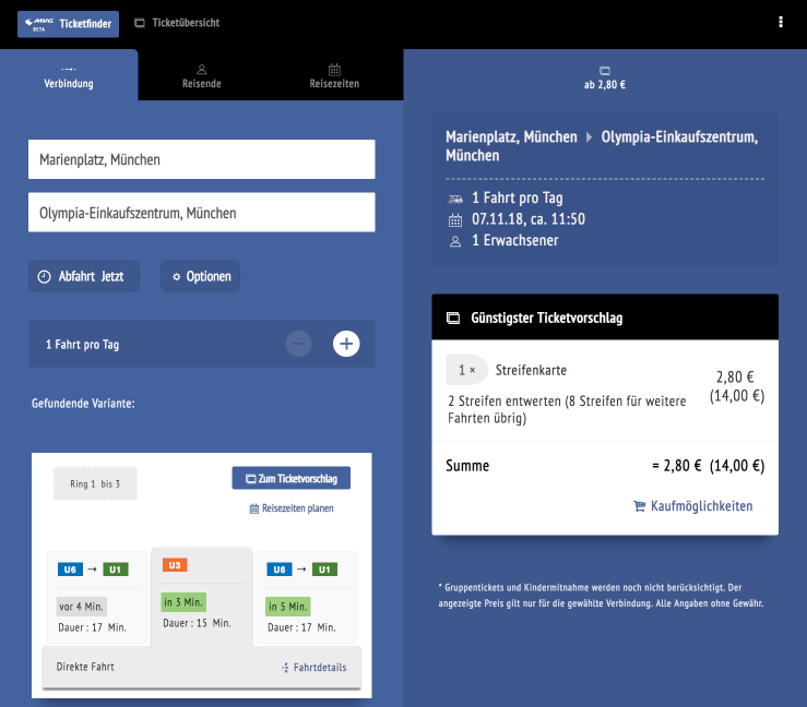 Die getestete Version der responsiven Web-App »MVG Ticketfinder«