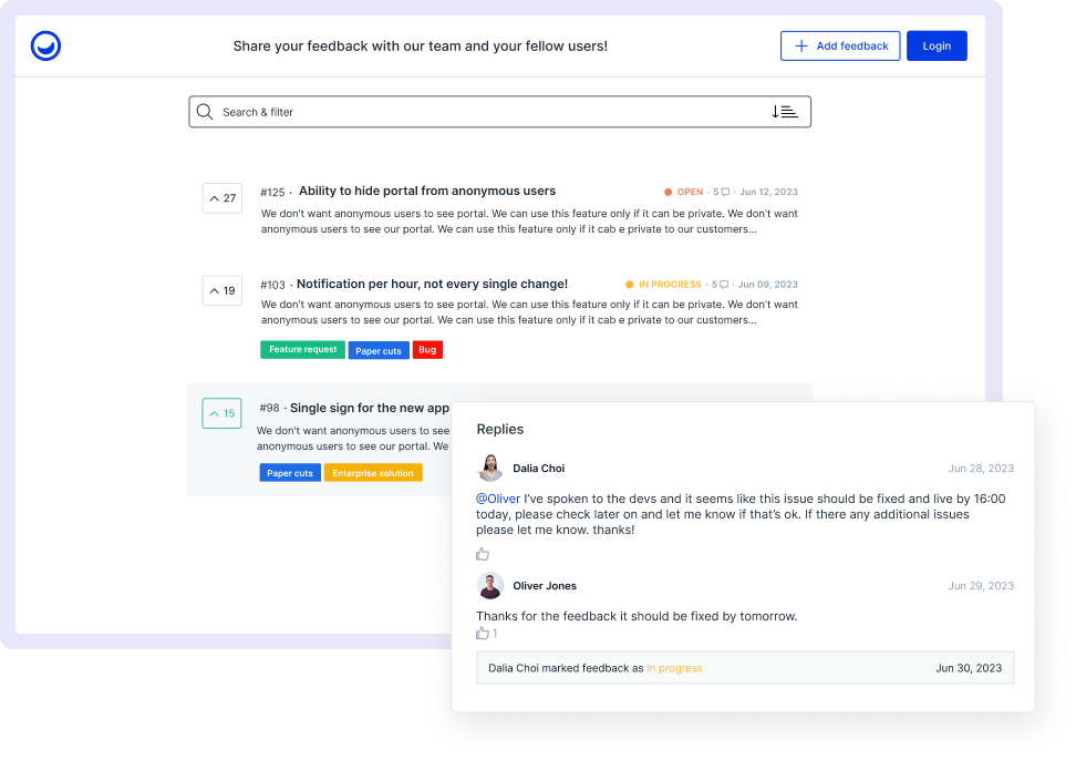 Customer Feedback Board to collect requests and upvotes from your community