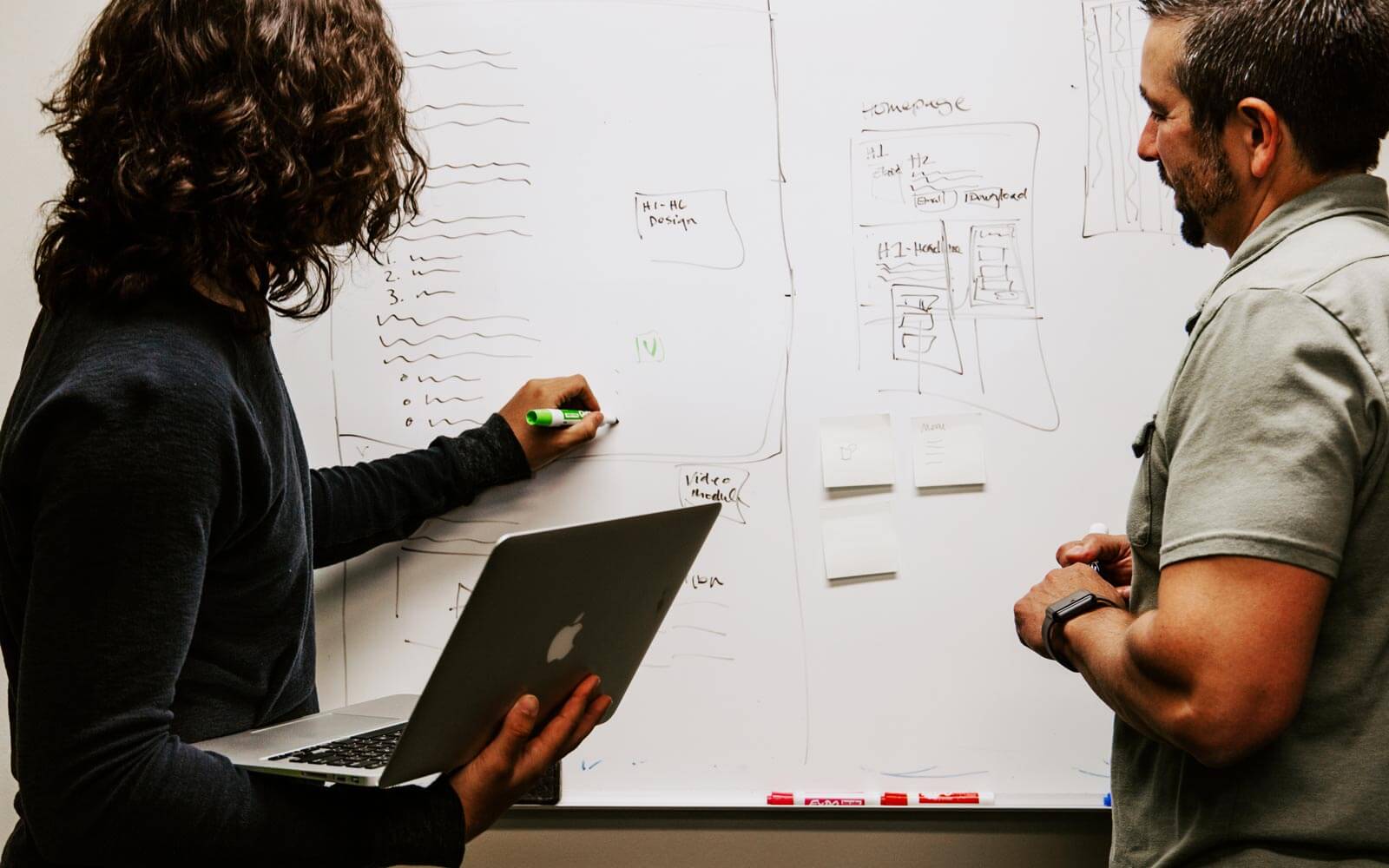 Two coworkers writing on the whiteboard