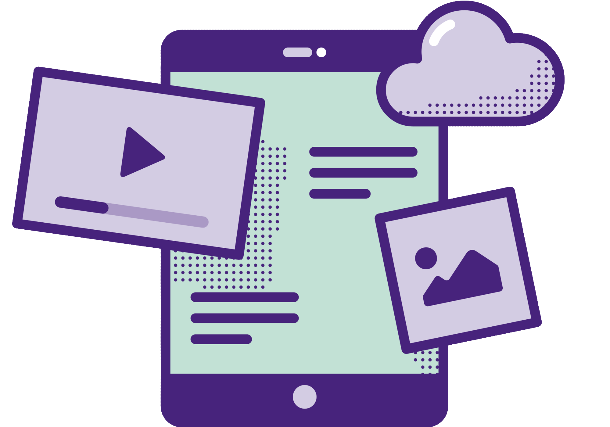 An illustration of a tablet showing a page containing a video, images and cloud functionality.