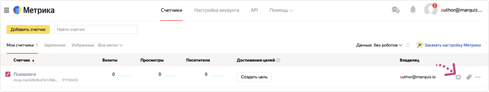 Нажимаем иконку &laquo;Настройки&raquo; в строке нового счётчика