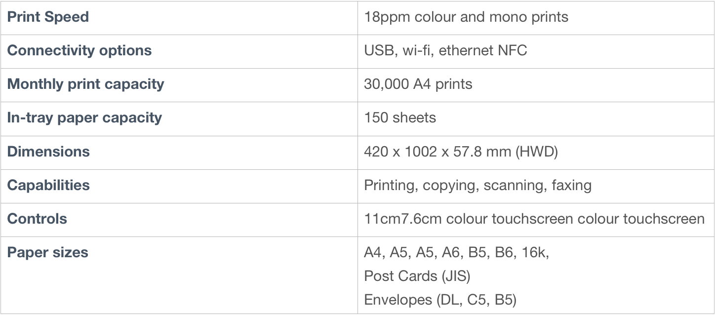 HP printer specifications