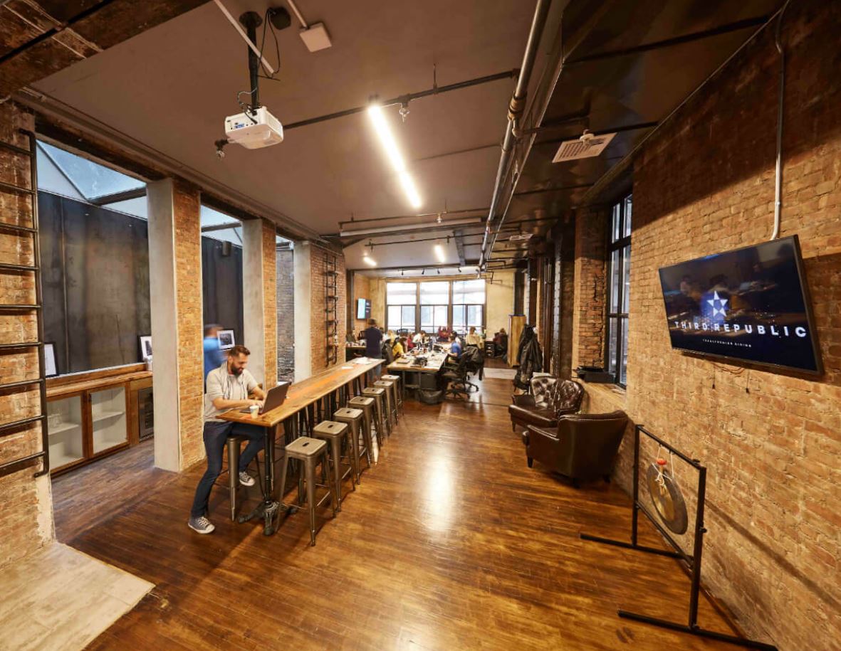 coworking space with exposed brick