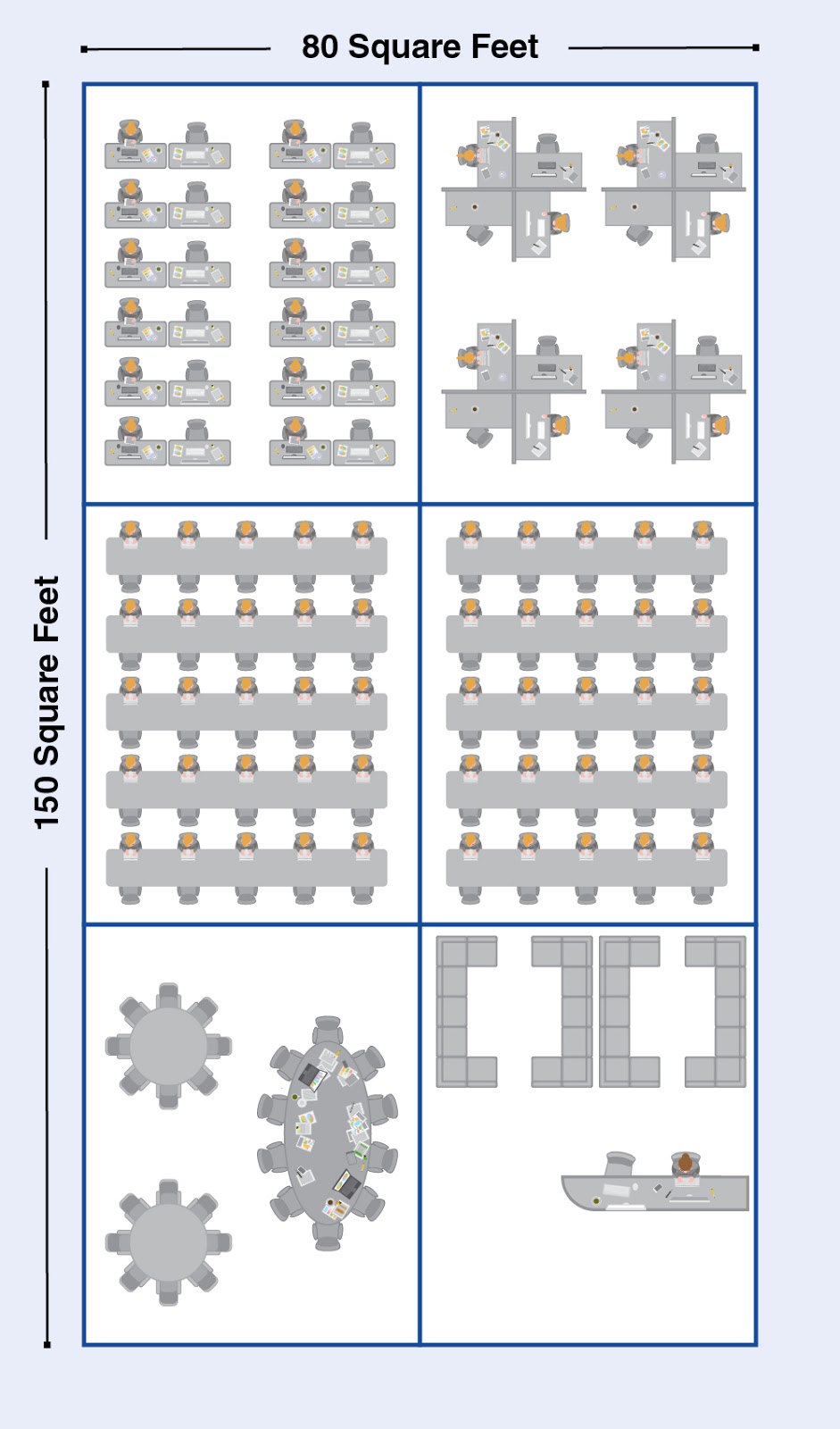 illustration of coworking desk layout with square footage