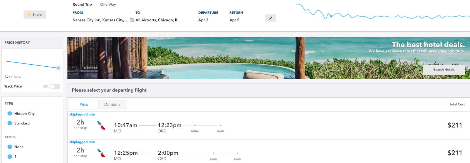 scrneeshot of flight search results on Skiplagged