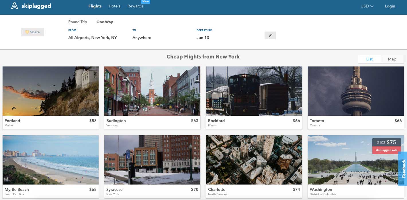 screenshot of flight examples on Skiplagged