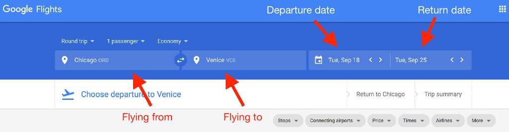 setting departure and arrival cities on google flights
