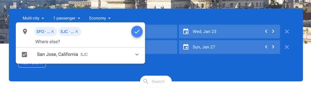 recherche de plusieurs villes sur les vols google