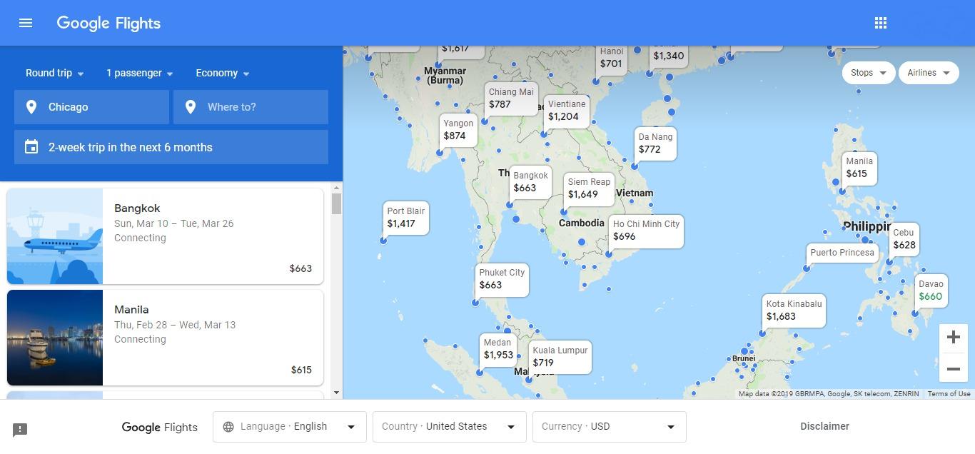 vue de la carte asie dans google vols