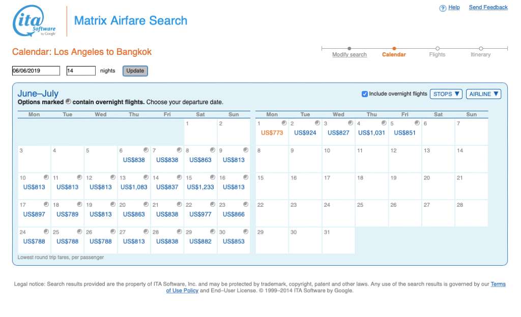 searching for flights on ITA Matrix