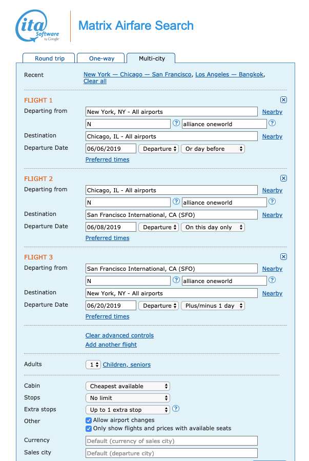 vols multi-villes sur ITA Matrix