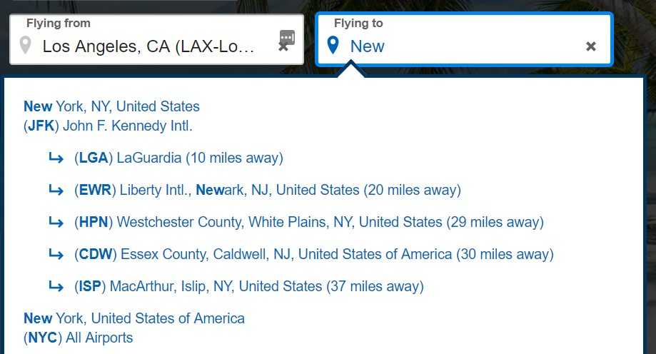 selecting airports on Expedia