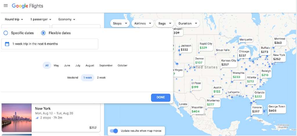 choosing destinations on Google Flights