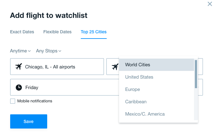 kayak price watchlist settings