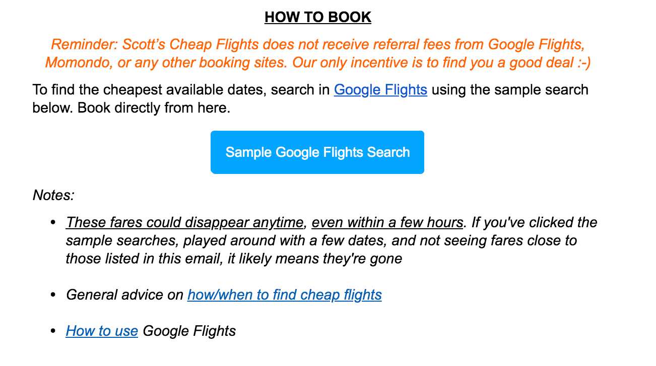 Scott's Cheap Flights booking instructions