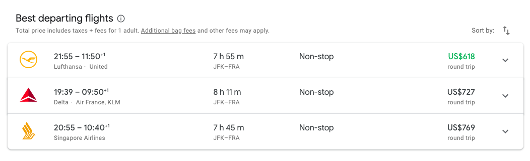 search results on google flights