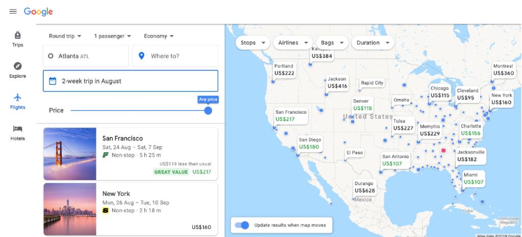 recherche aux États-Unis sur les vols google