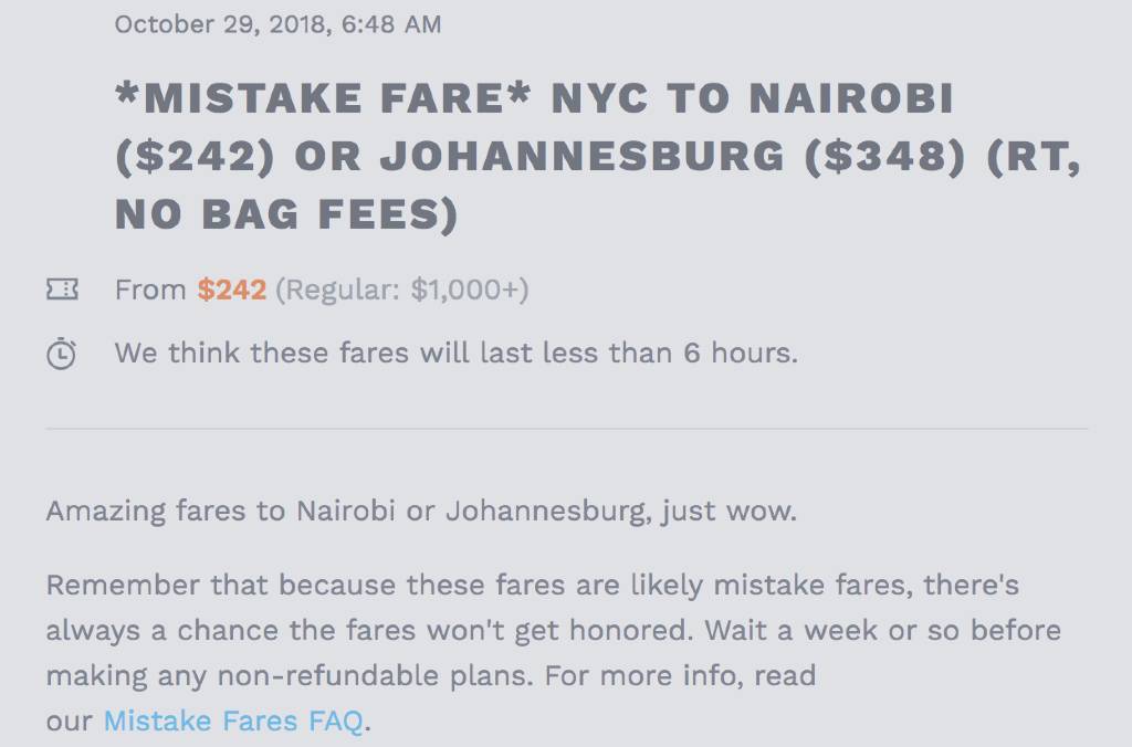 mistake fare alert to Nairobi