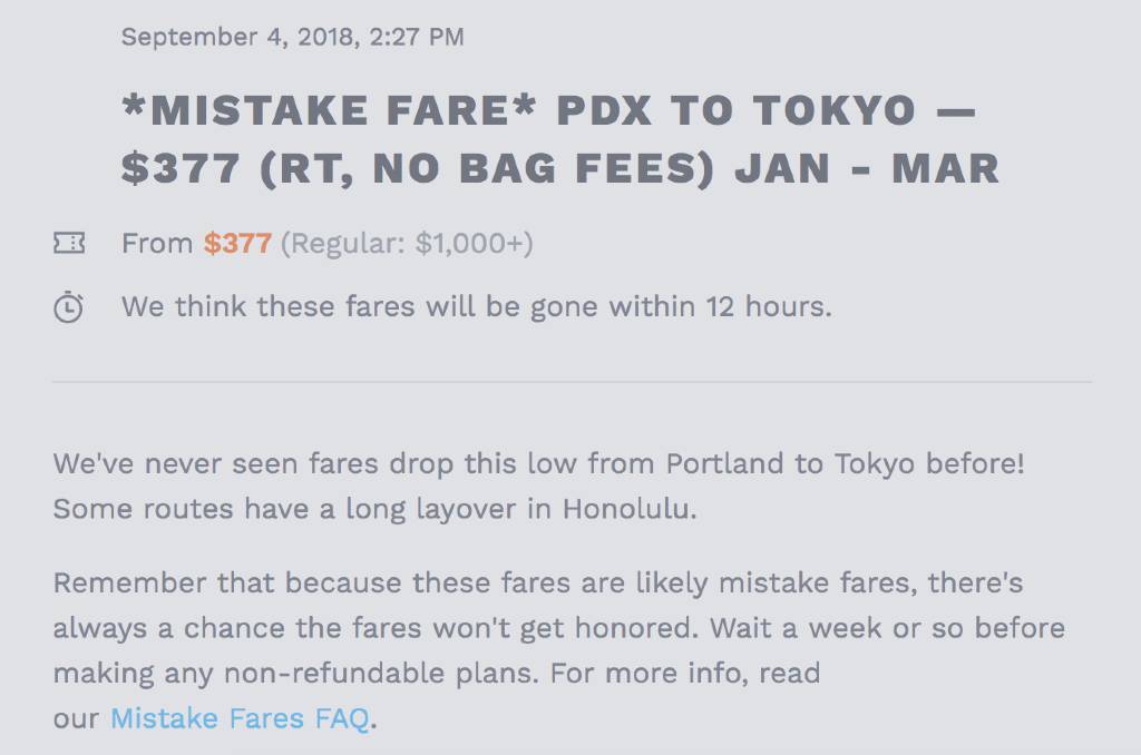 mistake fare alert to Tokyo