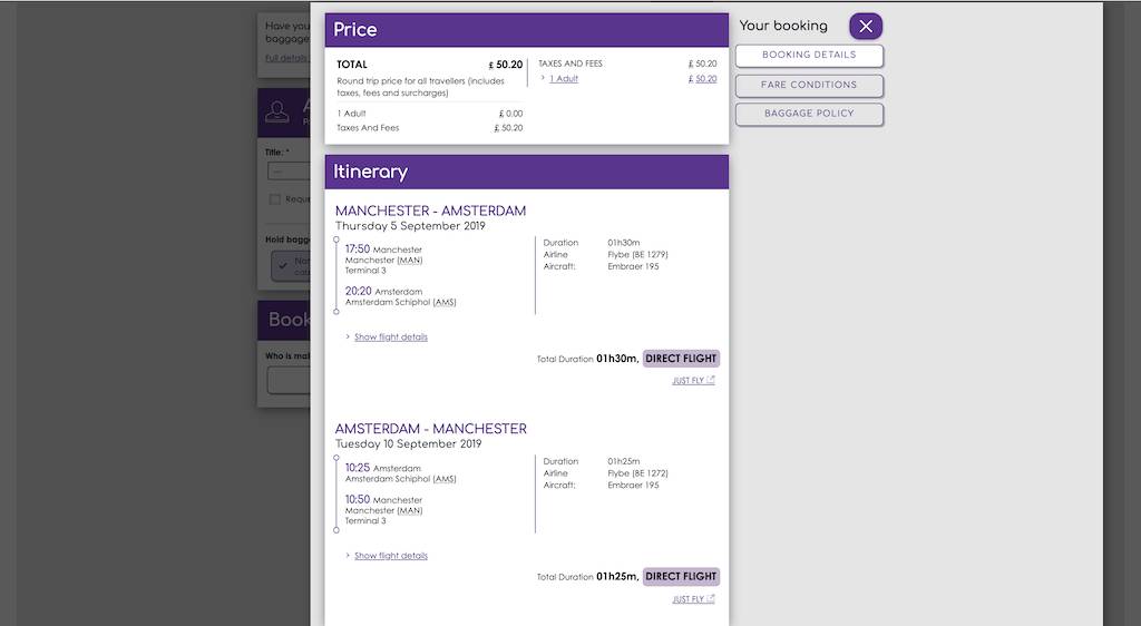 screenshot of booking Flybe flight.