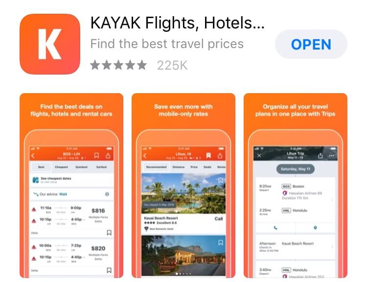 screenshot of Kayak app