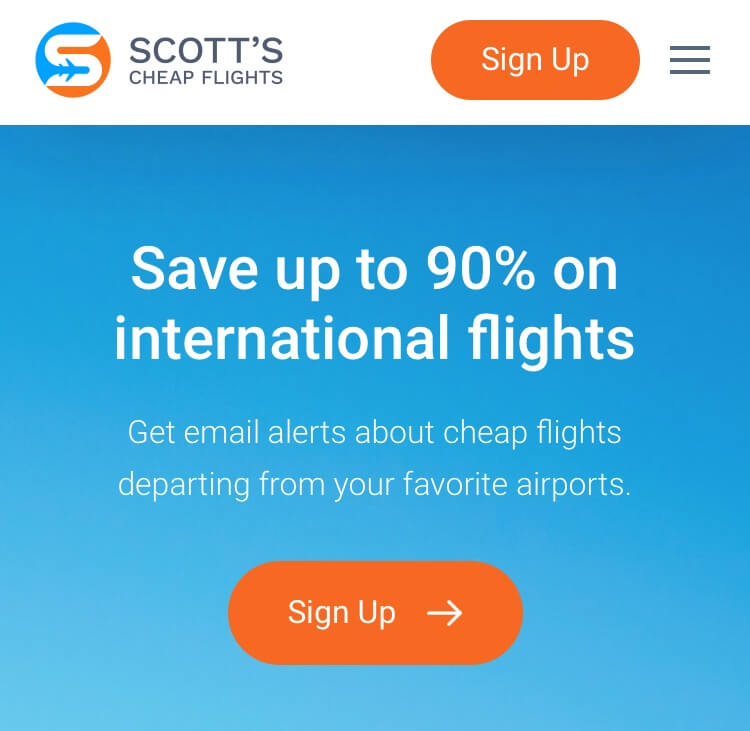screenshot of Scott's Cheap Flights homepage