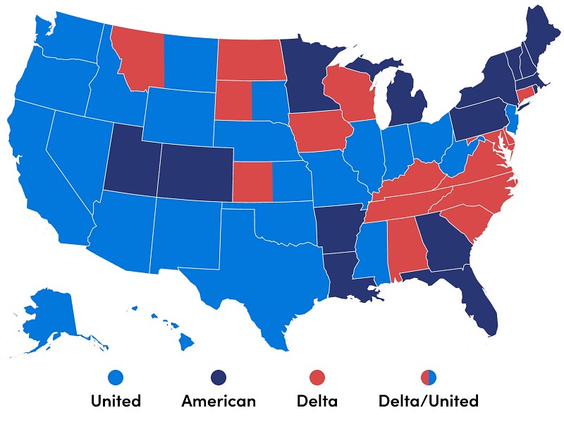 map of states and which airlines see the most deals.