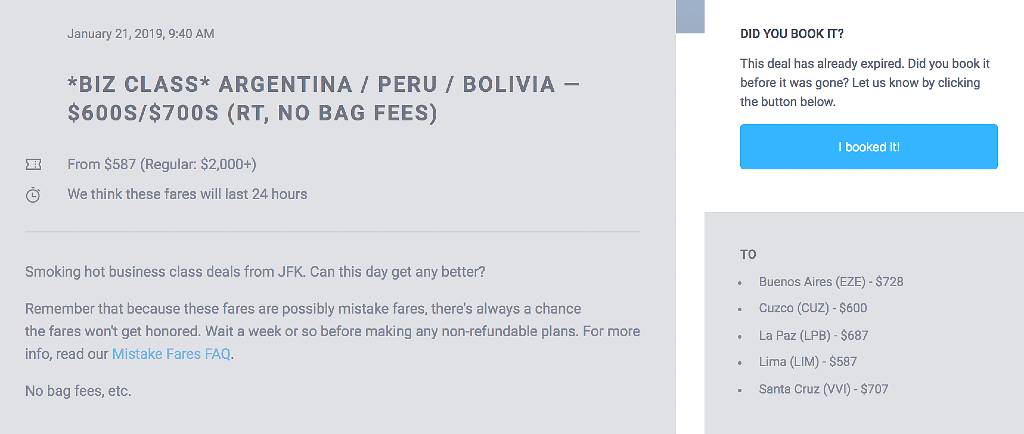 screenshot of deal to South America