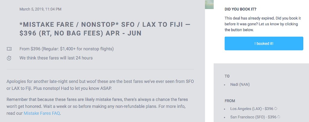 screenshot of deal to Fiji.
