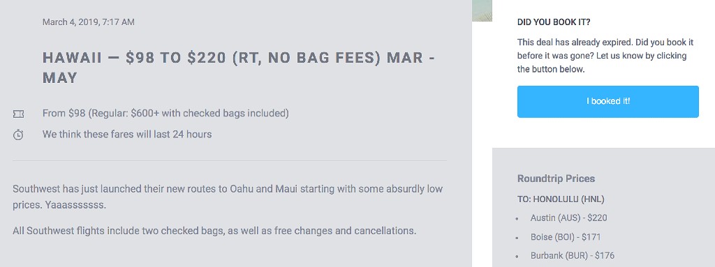 screenshot of Hawaii deal.