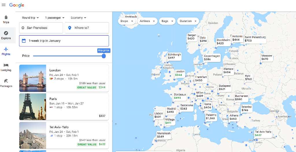 Google Flights Explore map