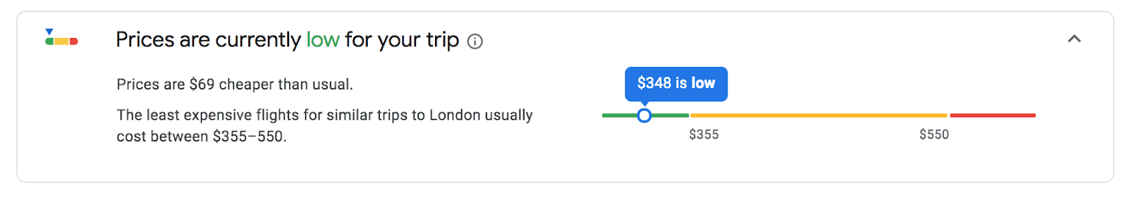 google flights price bar showing if a price is a low, high, or average.