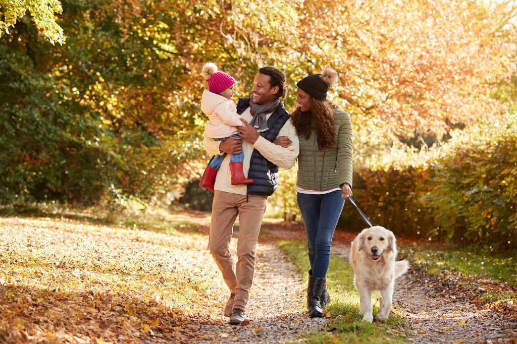 family walking dog