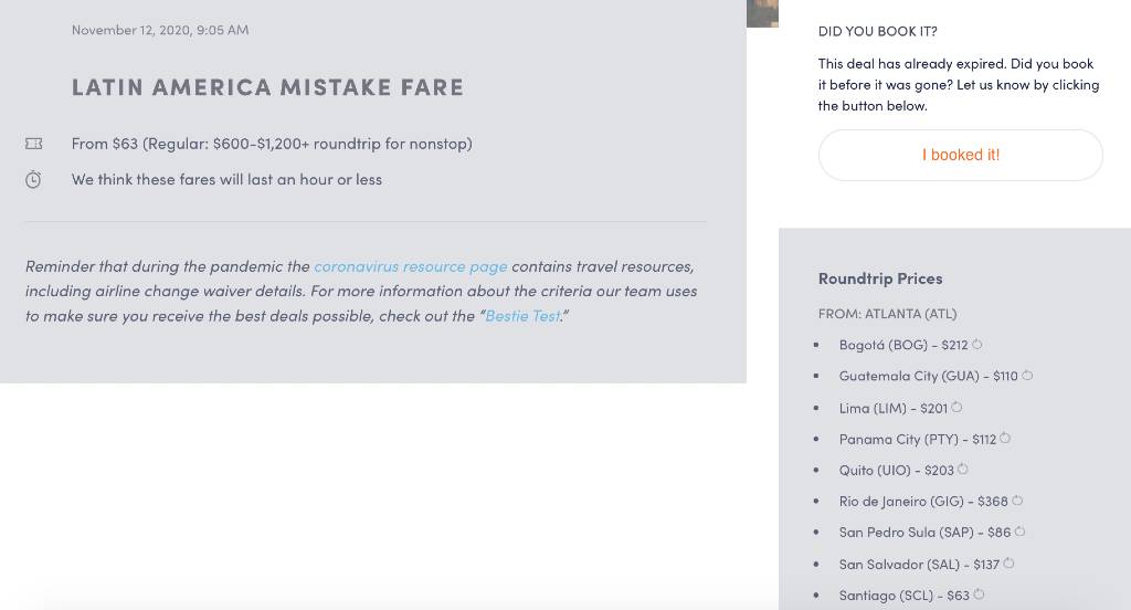 screenshot of Latin America mistake fare.