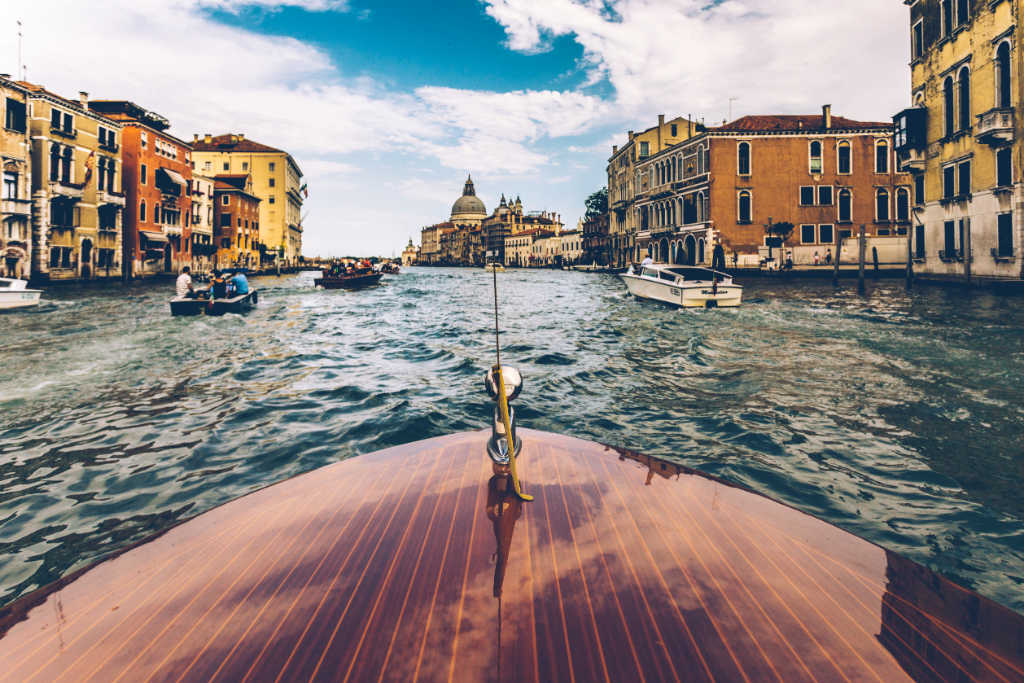 view of Venice from a boat on the Grand Canal.