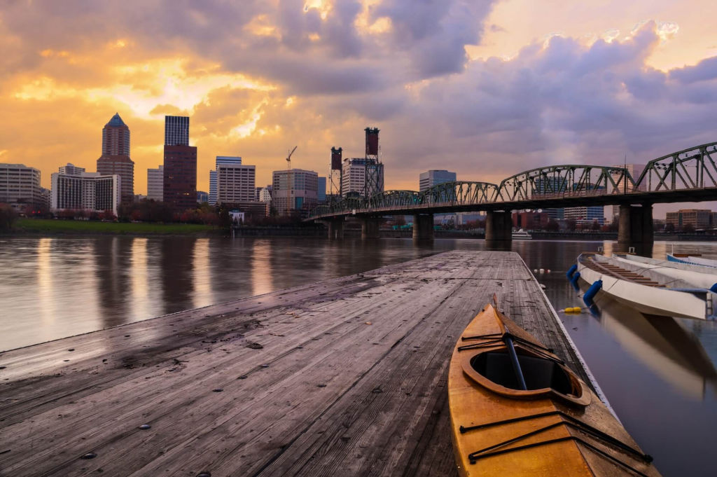 kayak by river in Portland.