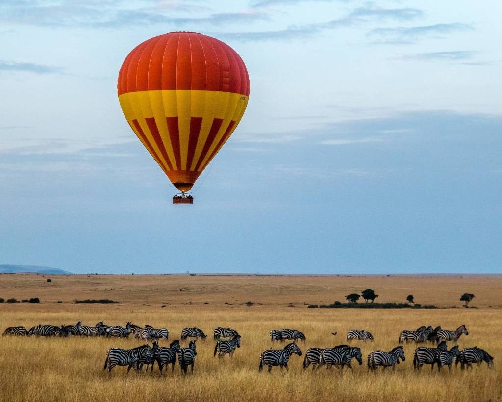 balloon over Zebras in Africa.