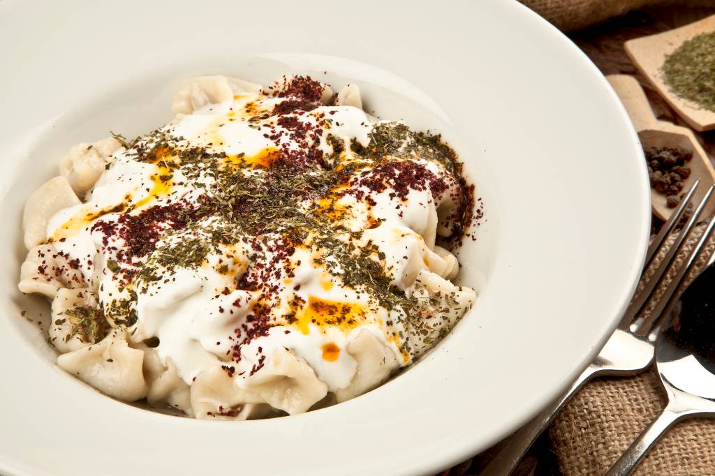 bowl of manti, Turkish pasta.