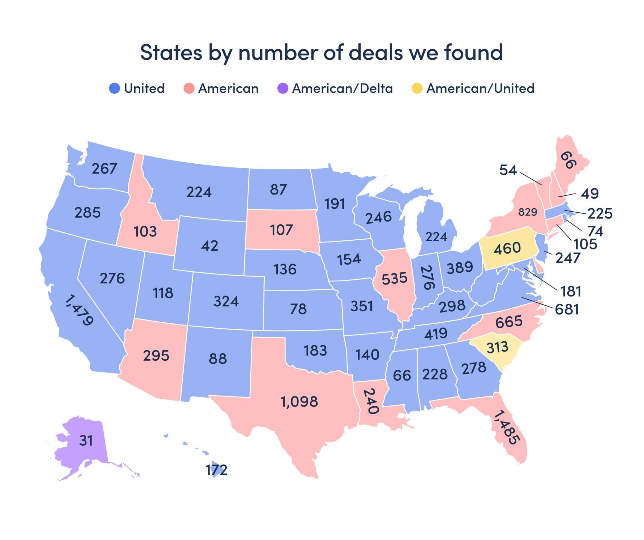 map of the US and the number of deals found from each state.