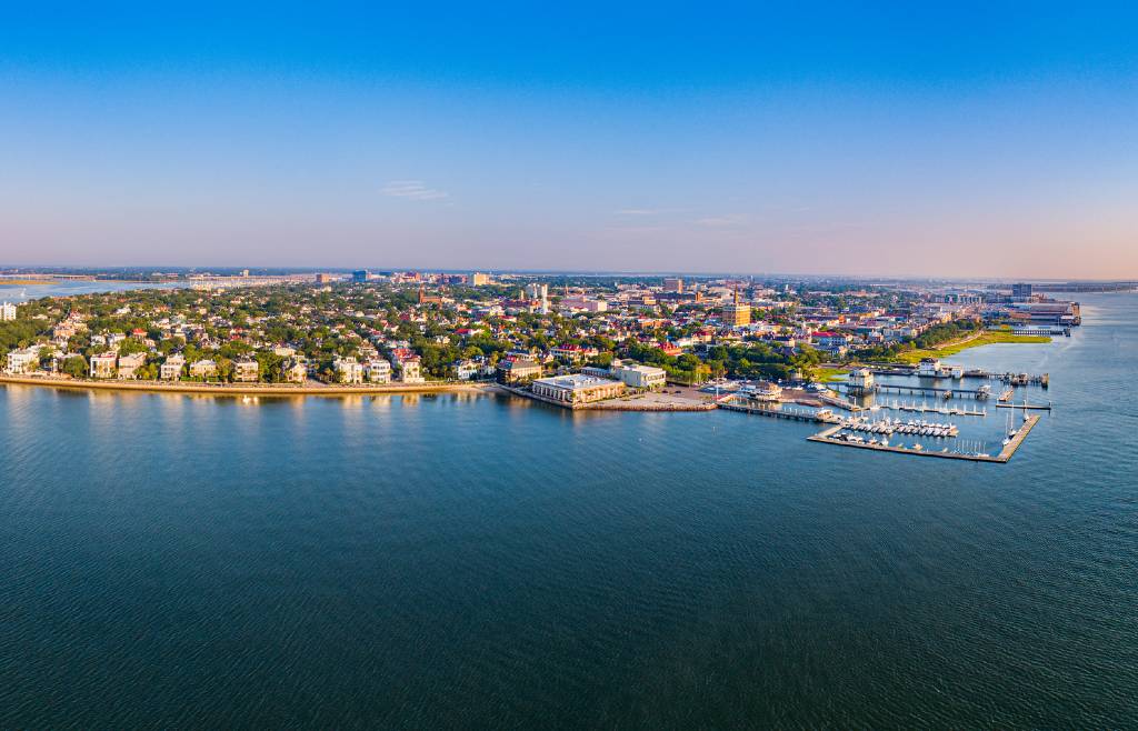 view of Charleston surrounded by water.