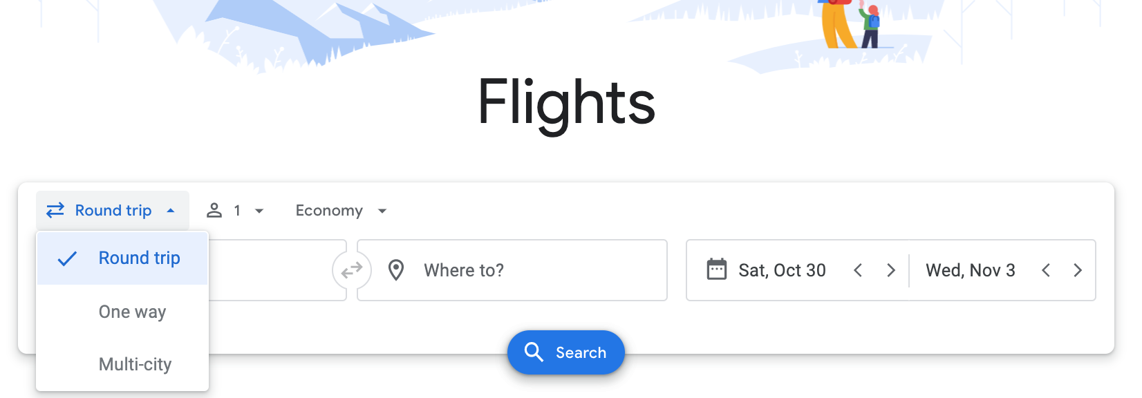 screenshot showing flight options drop down menu on Google Flights.