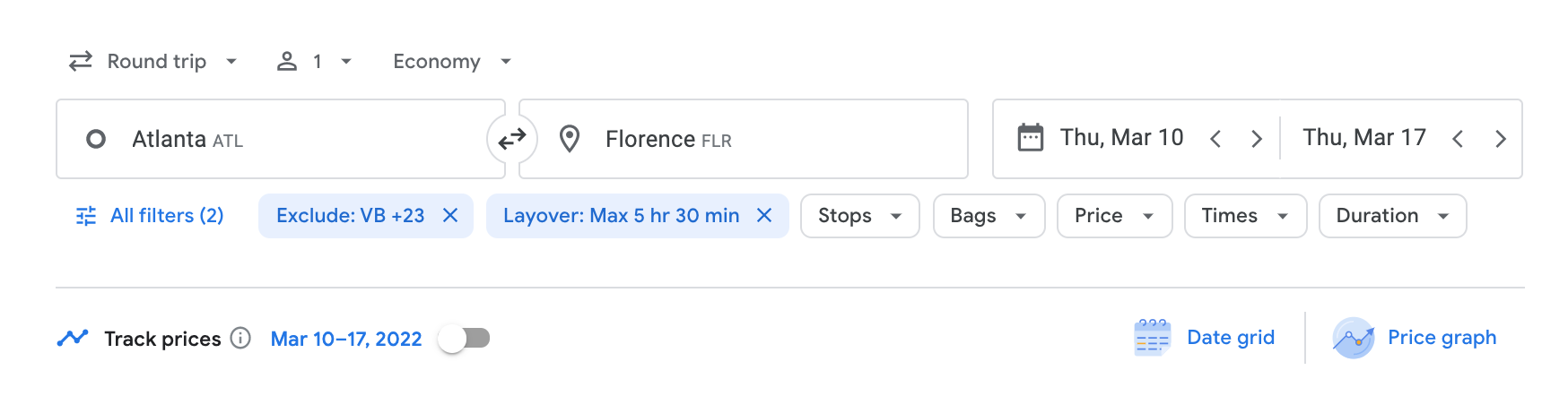 screen shot of sample search with filters applied.