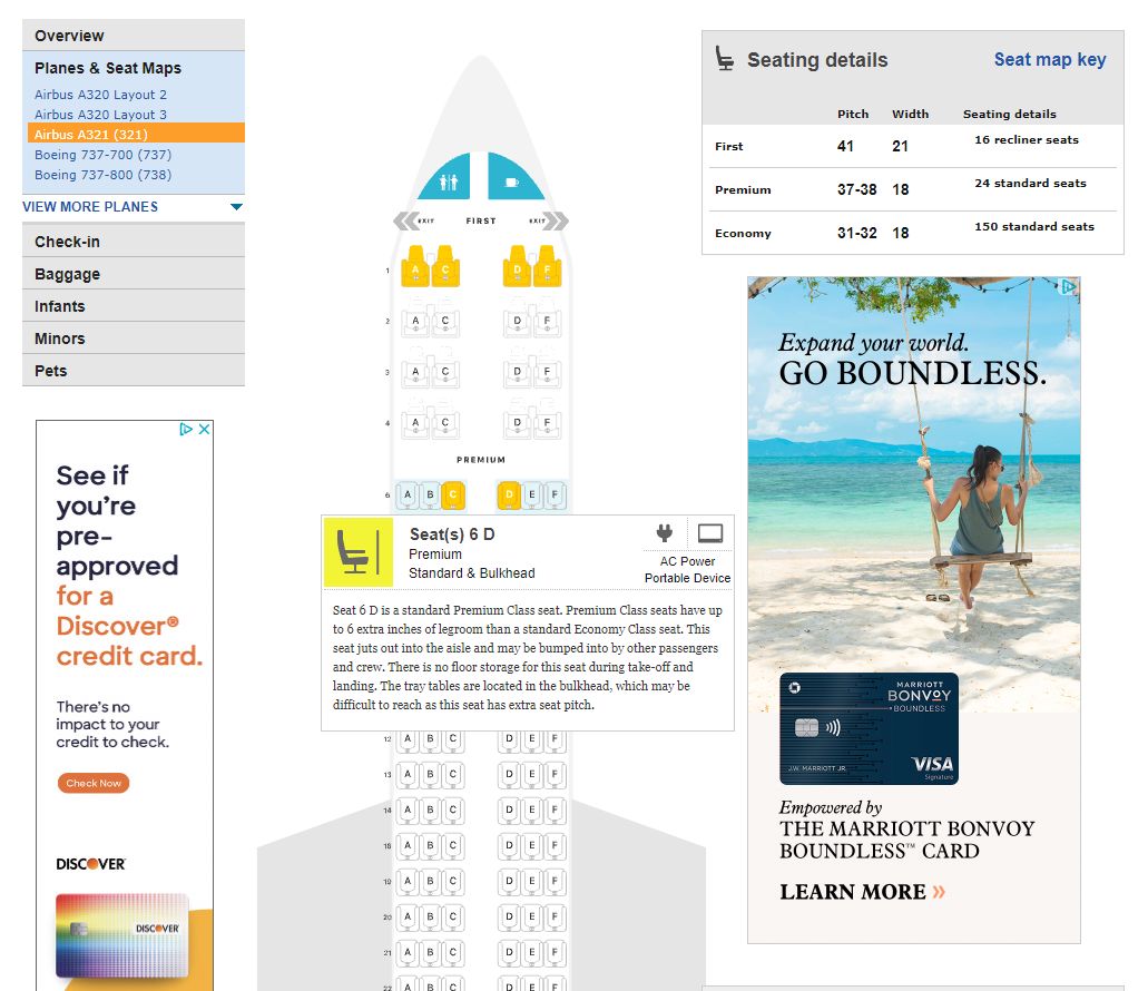 screenshot of seating details on SeatGuru.