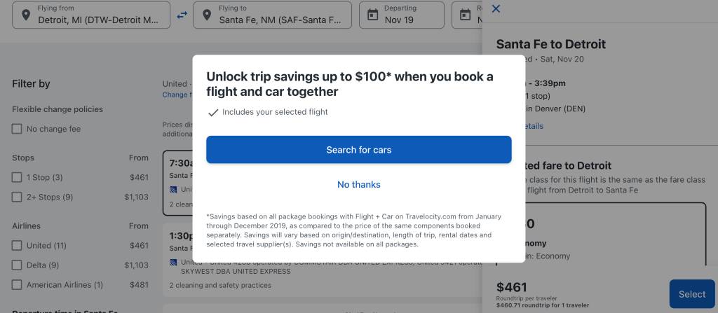 Travelocity prompts you to add a car to your flight.