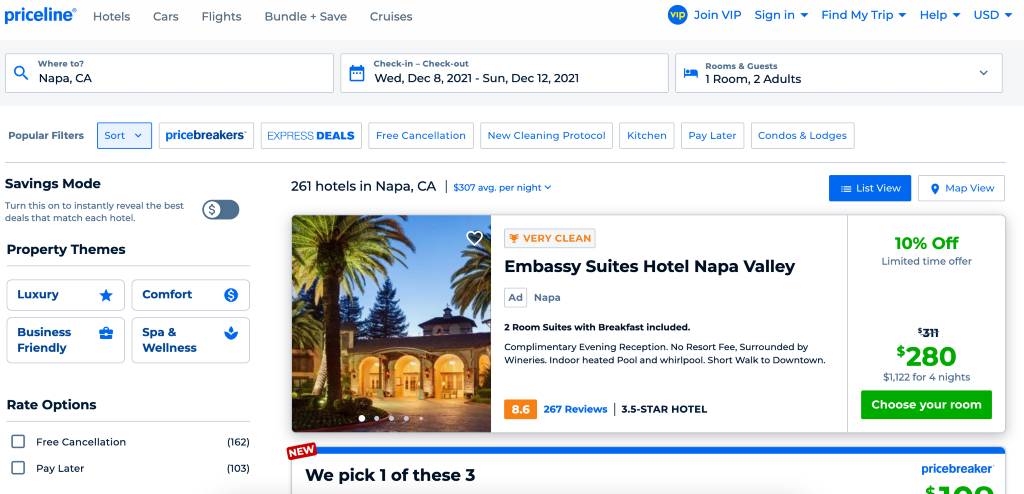 hotel search results on priceline.