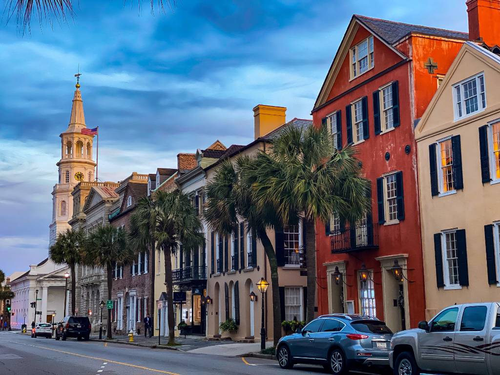 row of colorful houses in Charleston.