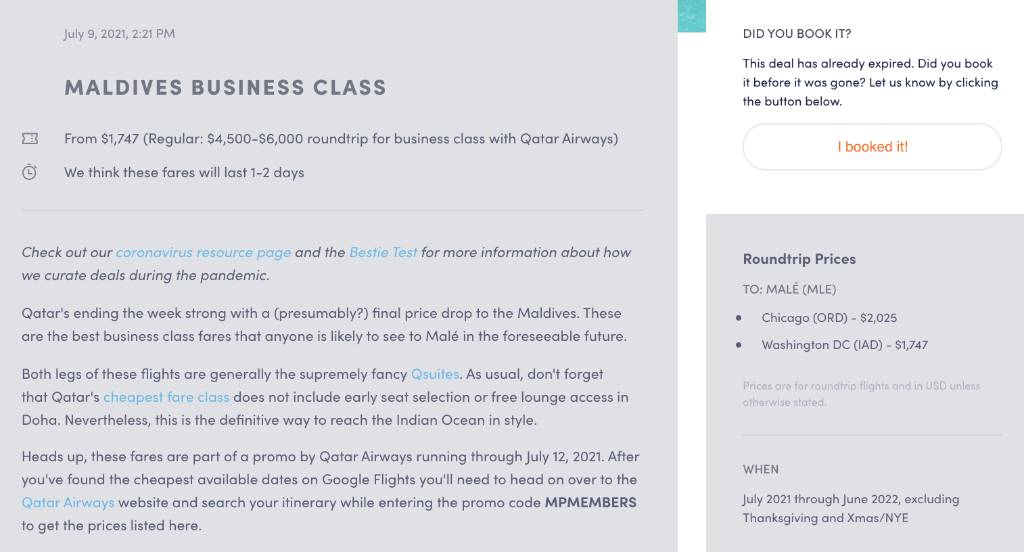 screenshot of Maldives flight deal.
