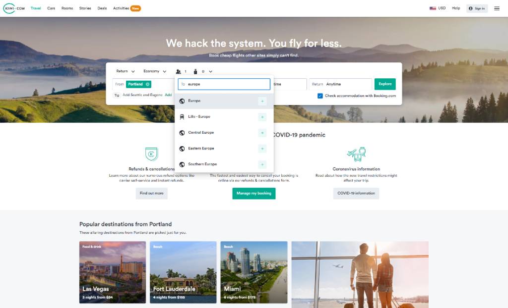 choosing a destination on Kiwi.com